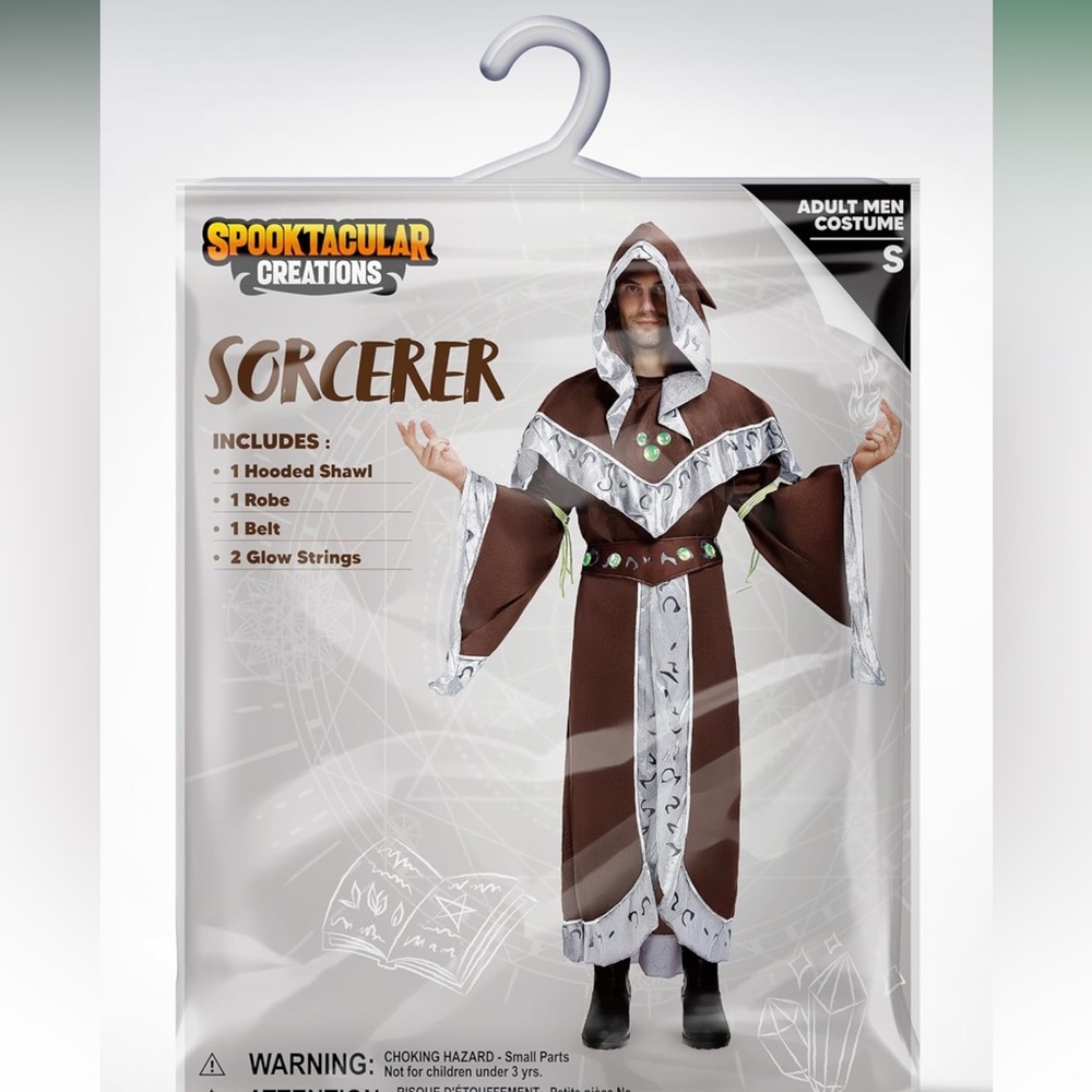 NWT Spooktacular Wizard Costume Adult Men, Medieval CostumE W/Hooded Cloak, Sz M - Picture 6 of 6